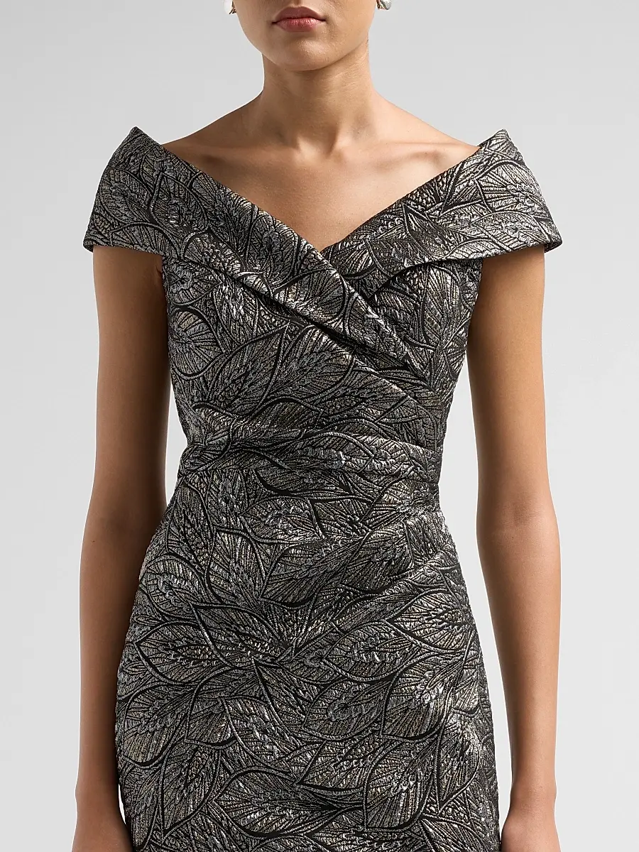 Teri Jon by Rickie Freeman Women's Leaf Pattern Jacquard Off-The-Shoulder Gown | Thumbnail 5 Teri Jon by Rickie Freeman Women's Leaf Pattern Jacquard Off-The-Shoulder Gown | Thumbnail 5