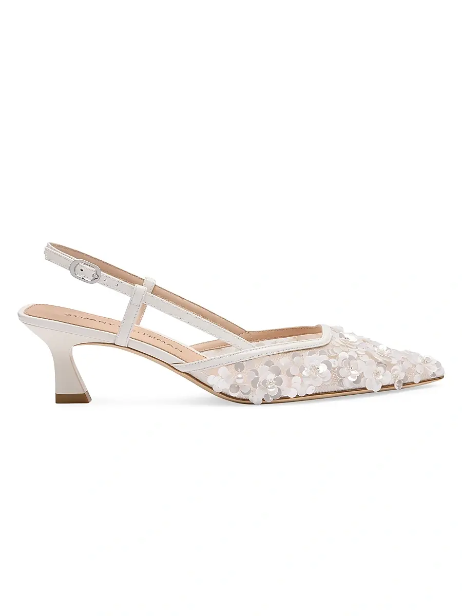 Stuart Weitzman Women's Vinnie 50MM Embellished Mesh Slingback Pumps - White | Image 1 Stuart Weitzman Women's Vinnie 50MM Embellished Mesh Slingback Pumps - White | Image 1
