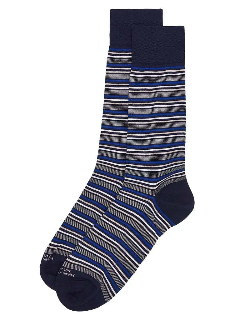 Marcoliani Men's Torino Striped Cotton-Nylon Socks - Navy | Image 1 Marcoliani Men's Torino Striped Cotton-Nylon Socks - Navy | Image 1