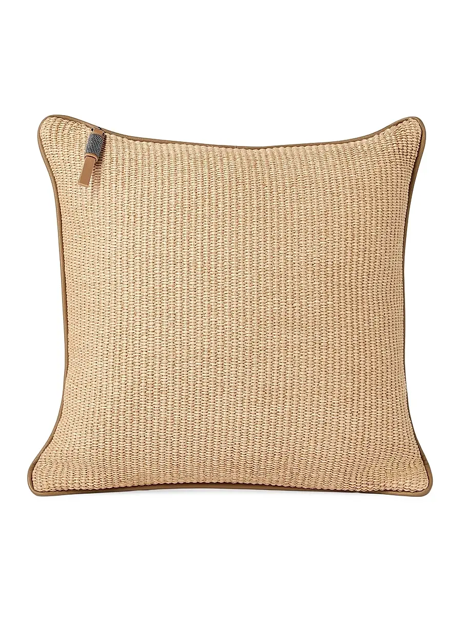 Brunello Cucinelli Raffia Effect Techno Cotton Cushion with Leather Piping | Image 1 Brunello Cucinelli Raffia Effect Techno Cotton Cushion with Leather Piping | Image 1