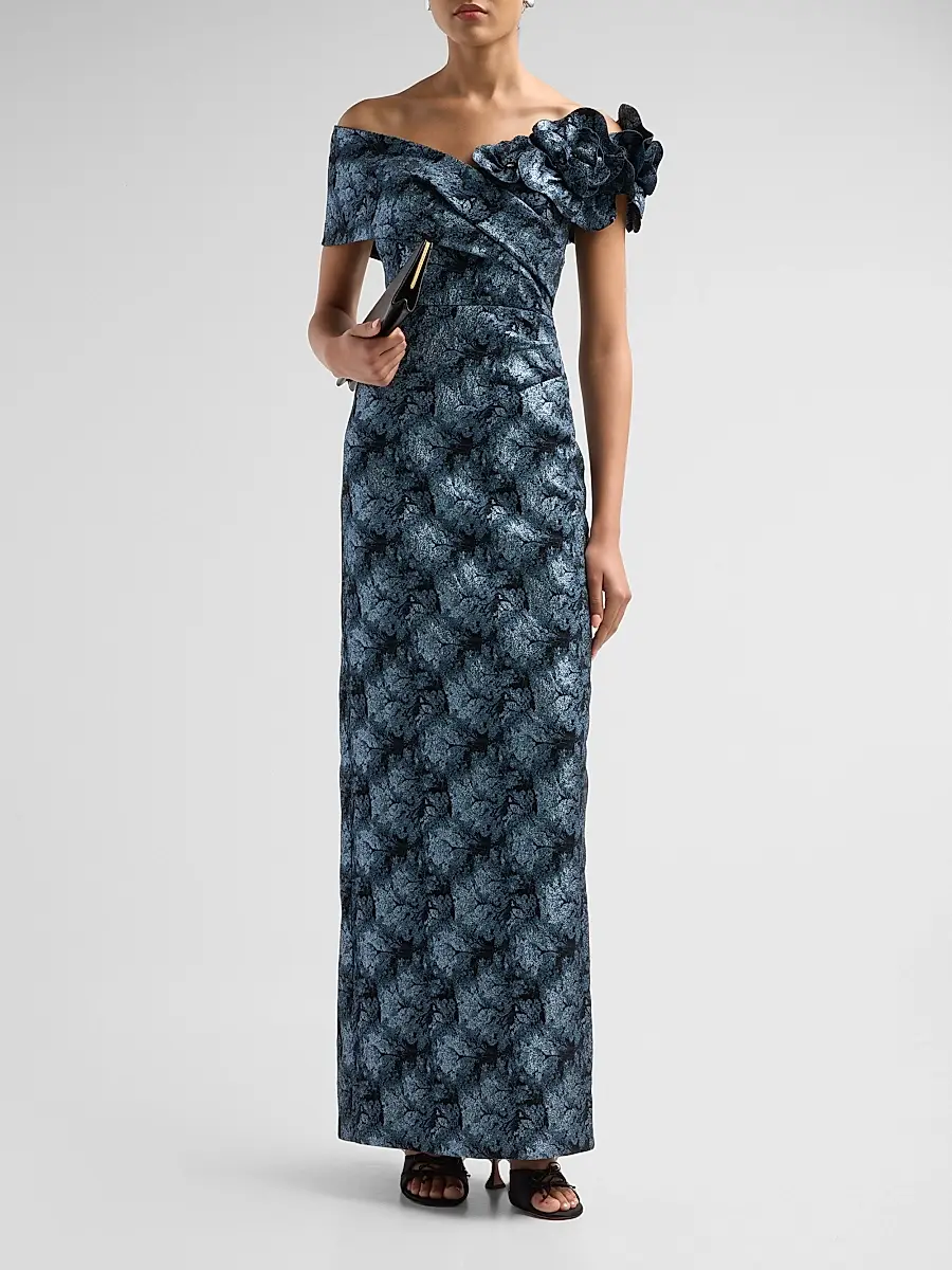Teri Jon by Rickie Freeman Women's 3D Floral Metallic Jacquard Columnn Gown | Thumbnail 2 Teri Jon by Rickie Freeman Women's 3D Floral Metallic Jacquard Columnn Gown | Thumbnail 2
