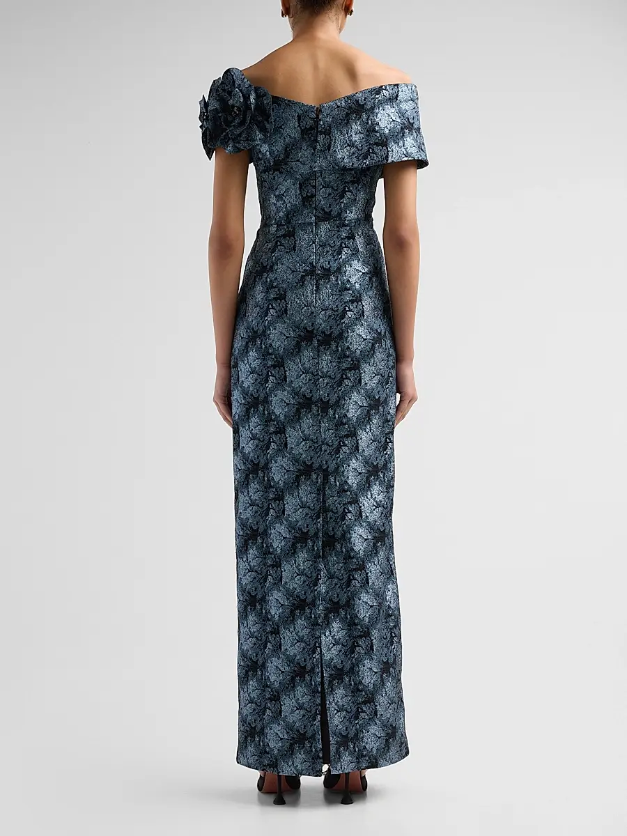Teri Jon by Rickie Freeman Women's 3D Floral Metallic Jacquard Columnn Gown | Thumbnail 3 Teri Jon by Rickie Freeman Women's 3D Floral Metallic Jacquard Columnn Gown | Thumbnail 3