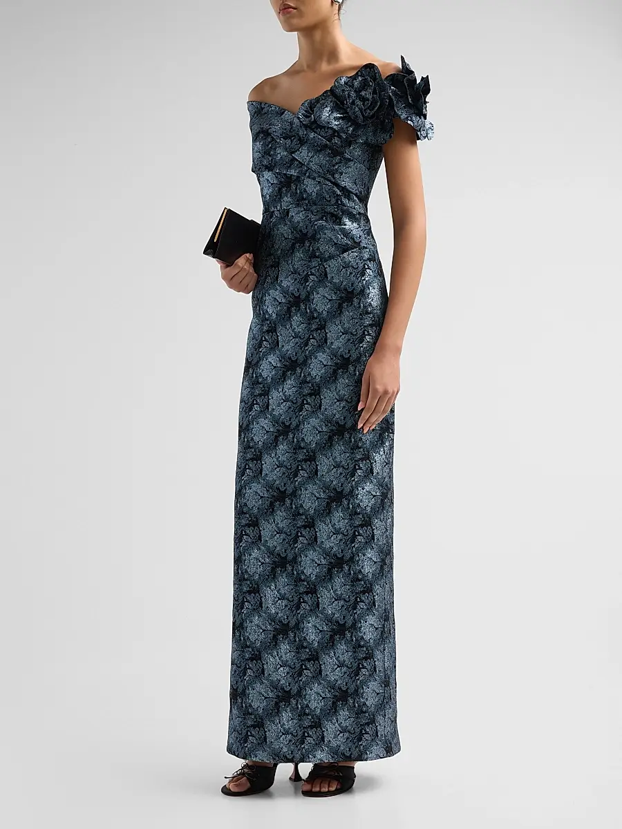 Teri Jon by Rickie Freeman Women's 3D Floral Metallic Jacquard Columnn Gown | Thumbnail 4 Teri Jon by Rickie Freeman Women's 3D Floral Metallic Jacquard Columnn Gown | Thumbnail 4