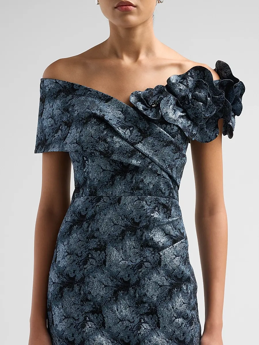 Teri Jon by Rickie Freeman Women's 3D Floral Metallic Jacquard Columnn Gown | Thumbnail 5 Teri Jon by Rickie Freeman Women's 3D Floral Metallic Jacquard Columnn Gown | Thumbnail 5