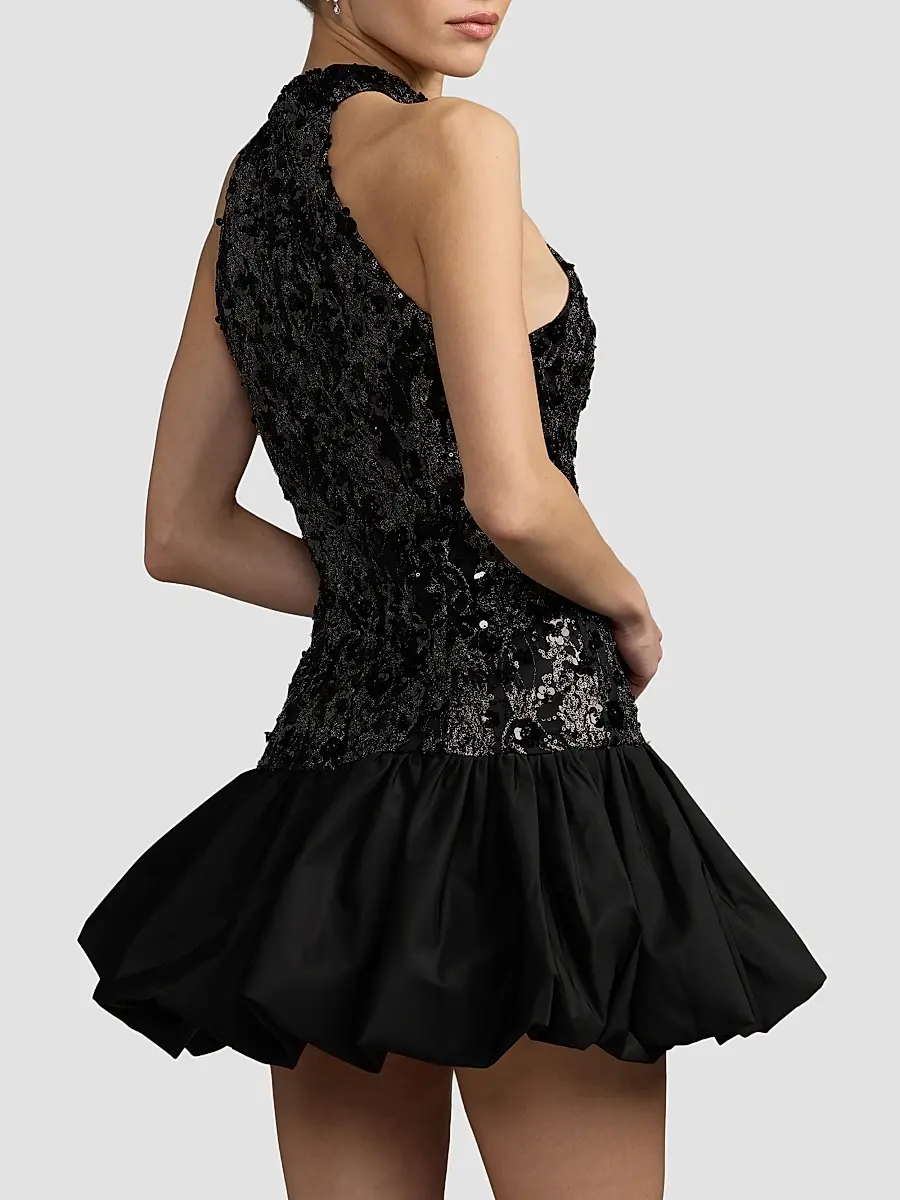 Mac Duggal Women's Beaded Lace Halterneck Bubble Hem Mini Dress | Thumbnail 3 Mac Duggal Women's Beaded Lace Halterneck Bubble Hem Mini Dress | Thumbnail 3