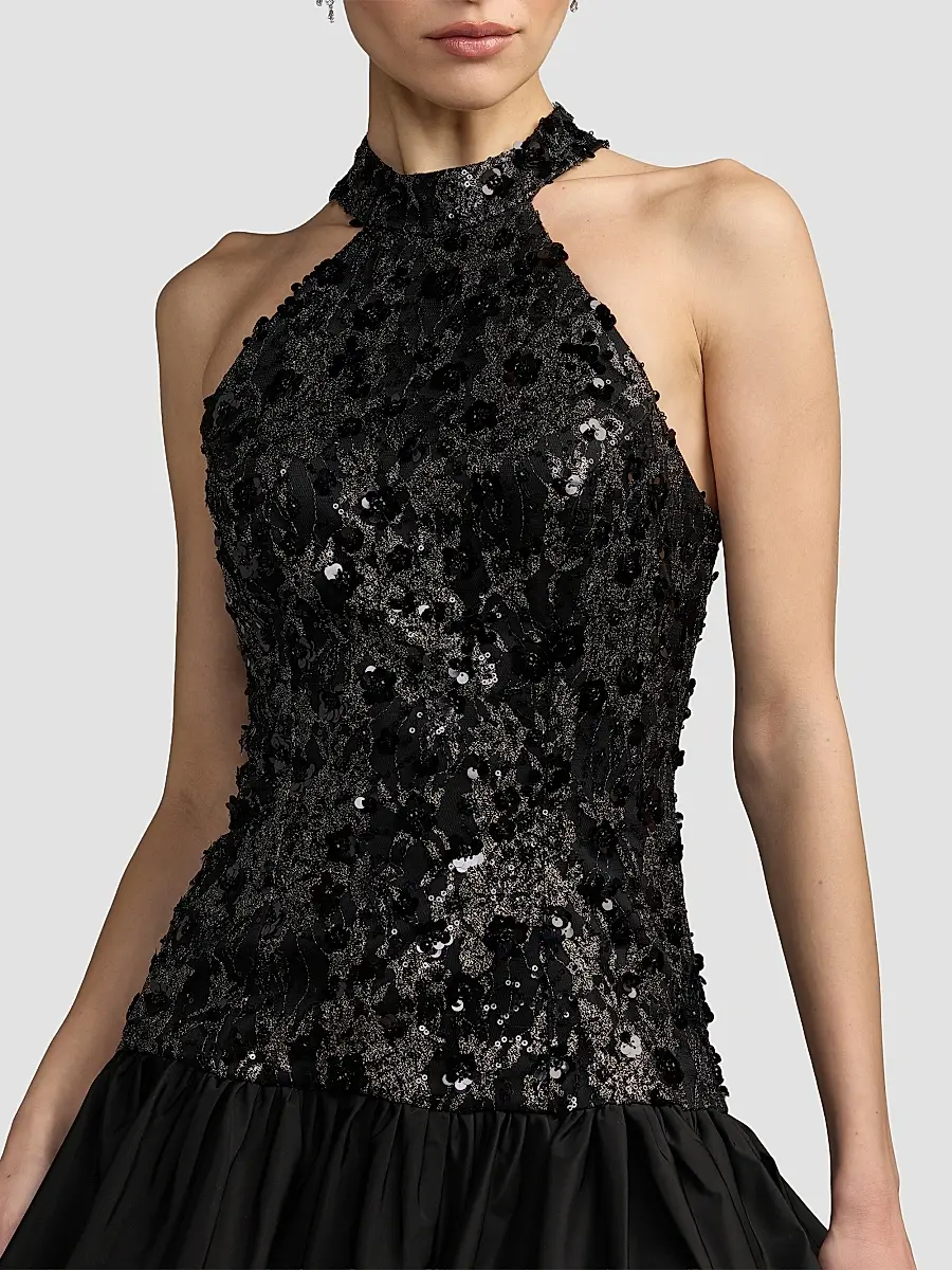 Mac Duggal Women's Beaded Lace Halterneck Bubble Hem Mini Dress | Thumbnail 4 Mac Duggal Women's Beaded Lace Halterneck Bubble Hem Mini Dress | Thumbnail 4