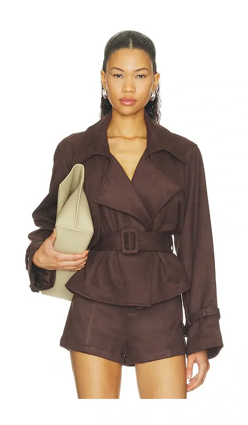 Elodie the Label Marais Faux Suede Cropped Trench Coat | Image 1 Elodie the Label Marais Faux Suede Cropped Trench Coat | Image 1