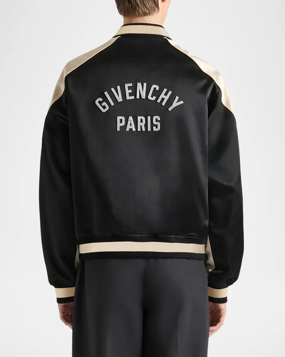 Givenchy Men's Satin Rhinestone-Logo Bomber Jacket | Thumbnail 3 Givenchy Men's Satin Rhinestone-Logo Bomber Jacket | Thumbnail 3