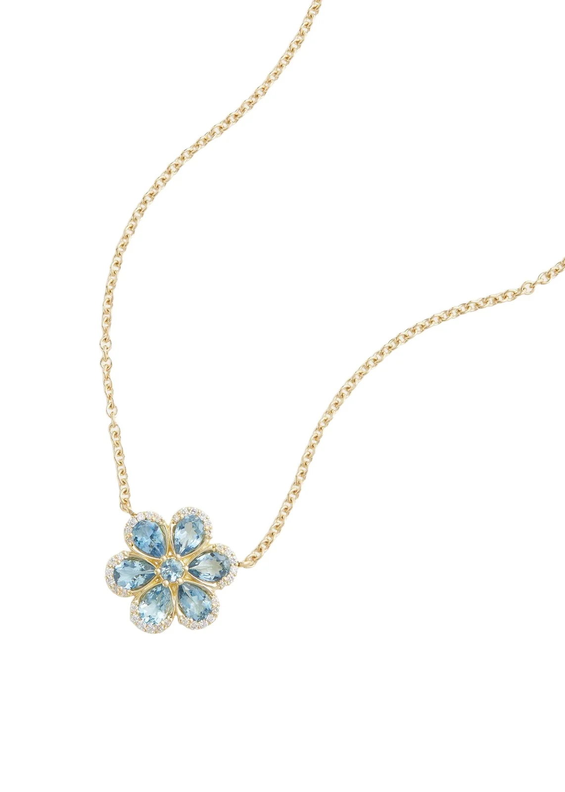 18K Yellow Gold Floral Necklace with Aquamarine and Diamonds 18K Yellow Gold Floral Necklace with Aquamarine and Diamonds