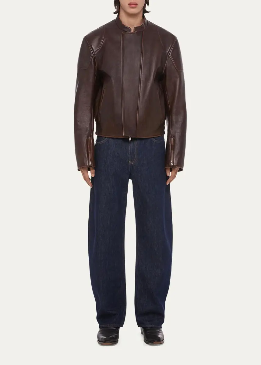 Helmut Lang Men's Leather Concealed-Zip Moto Jacket | Thumbnail 2 Helmut Lang Men's Leather Concealed-Zip Moto Jacket | Thumbnail 2