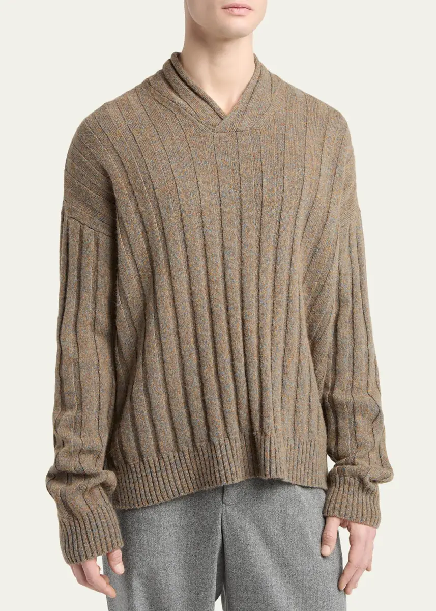 Giorgio Armani Men's Ribbed-Knit Wool Shawl-Collar Sweater | Thumbnail 4 Giorgio Armani Men's Ribbed-Knit Wool Shawl-Collar Sweater | Thumbnail 4
