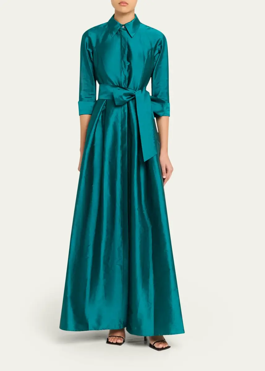 Rickie Freeman for Teri Jon 3/4-Sleeve Taffeta Shirtdress Gown | Thumbnail 2 Rickie Freeman for Teri Jon 3/4-Sleeve Taffeta Shirtdress Gown | Thumbnail 2