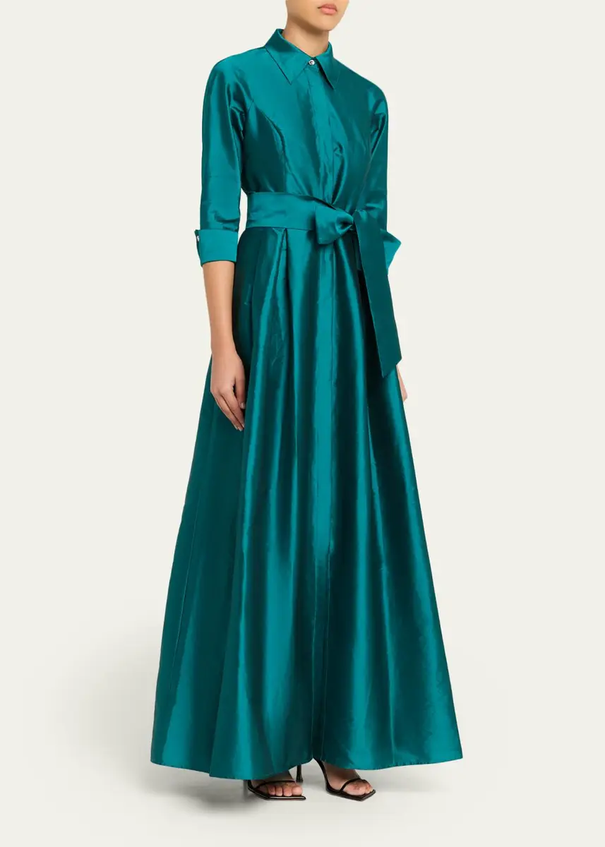 Rickie Freeman for Teri Jon 3/4-Sleeve Taffeta Shirtdress Gown | Thumbnail 4 Rickie Freeman for Teri Jon 3/4-Sleeve Taffeta Shirtdress Gown | Thumbnail 4
