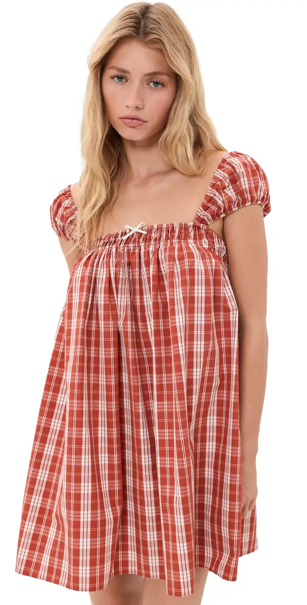 FAITHFULL Belinha Babydoll Mini Dress Ines Check Terra Rosso | Image 1 FAITHFULL Belinha Babydoll Mini Dress Ines Check Terra Rosso | Image 1