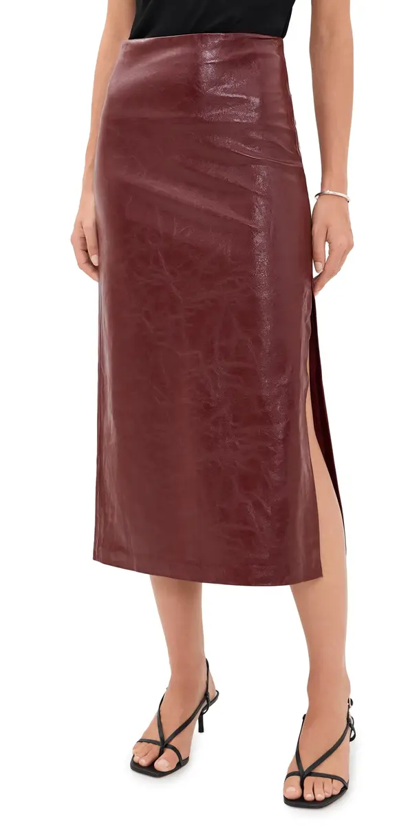 Alice + Olivia Maeve Vegan Midi Skirt Cognac | Image 1 Alice + Olivia Maeve Vegan Midi Skirt Cognac | Image 1