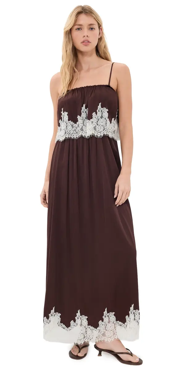 Show Me Your Mumu Emmylou Maxi Dress Chocolate Satin With Lace Trim | Image 1 Show Me Your Mumu Emmylou Maxi Dress Chocolate Satin With Lace Trim | Image 1