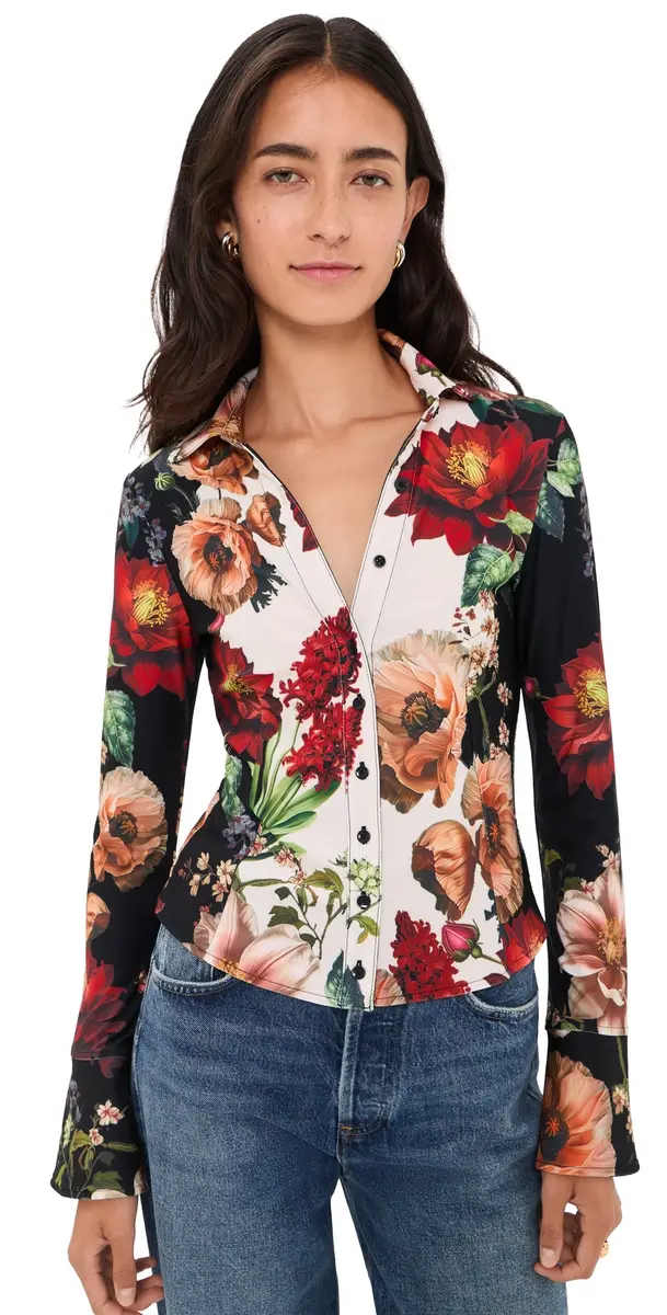 Alice + Olivia Freya Fitted Button Down Top Floral Radiance | Image 1 Alice + Olivia Freya Fitted Button Down Top Floral Radiance | Image 1