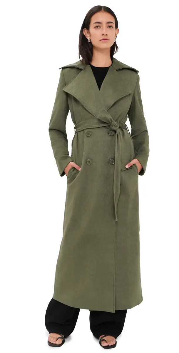 Bardot Kira Faux Suede Trench Coat Khaki | Image 1 Bardot Kira Faux Suede Trench Coat Khaki | Image 1