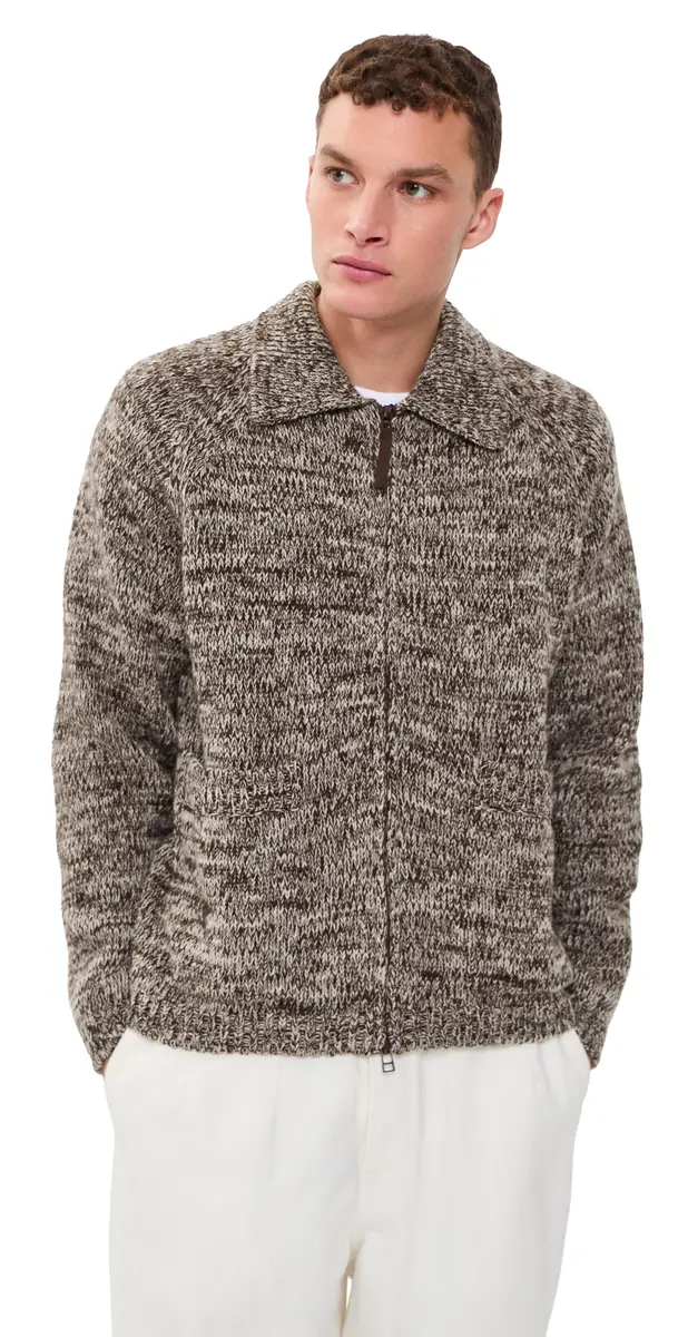 UNIVERSAL WORKS Lambswool Zip Cardigan Ecru/Brown | Image 1 UNIVERSAL WORKS Lambswool Zip Cardigan Ecru/Brown | Image 1