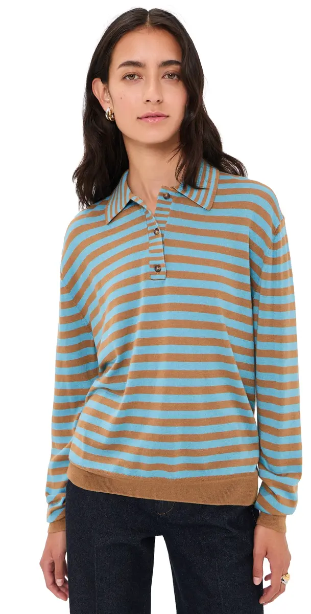 La Ligne Striped Ben Polo Sweater Camel/Cerulean | Image 1 La Ligne Striped Ben Polo Sweater Camel/Cerulean | Image 1