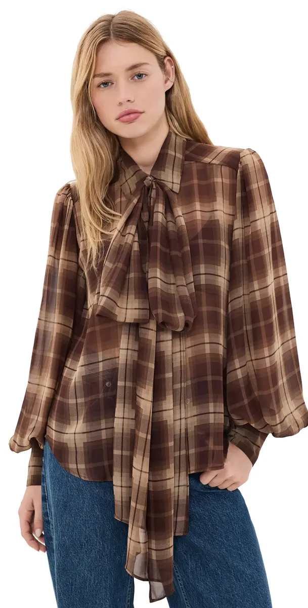 BARDOT Cecile Scarf Button Down Shirt Brown Check | Image 1 BARDOT Cecile Scarf Button Down Shirt Brown Check | Image 1