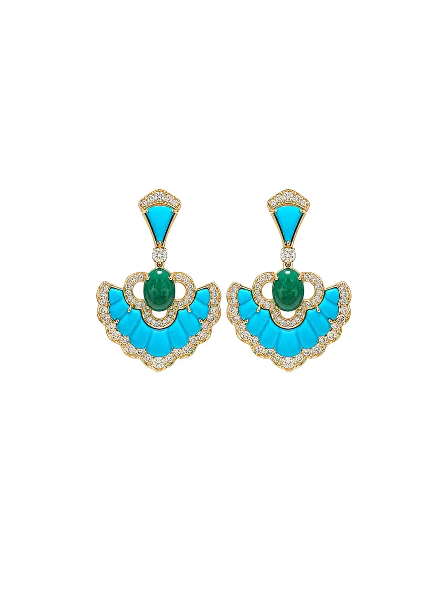 Wish Fine Jewelry 12.96ct Diamond Emerald Turquoise 18K Gold Drop Earrings | Image 1 Wish Fine Jewelry 12.96ct Diamond Emerald Turquoise 18K Gold Drop Earrings | Image 1