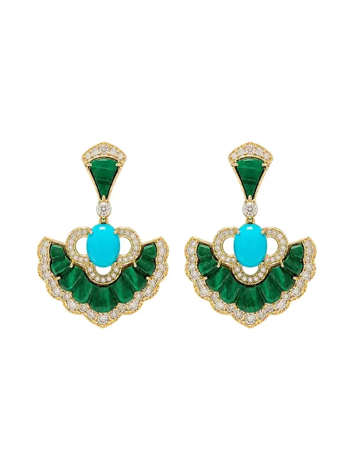 15.42ct Diamond Malachite Turquoise 18K Gold Drop Earrings 15.42ct Diamond Malachite Turquoise 18K Gold Drop Earrings