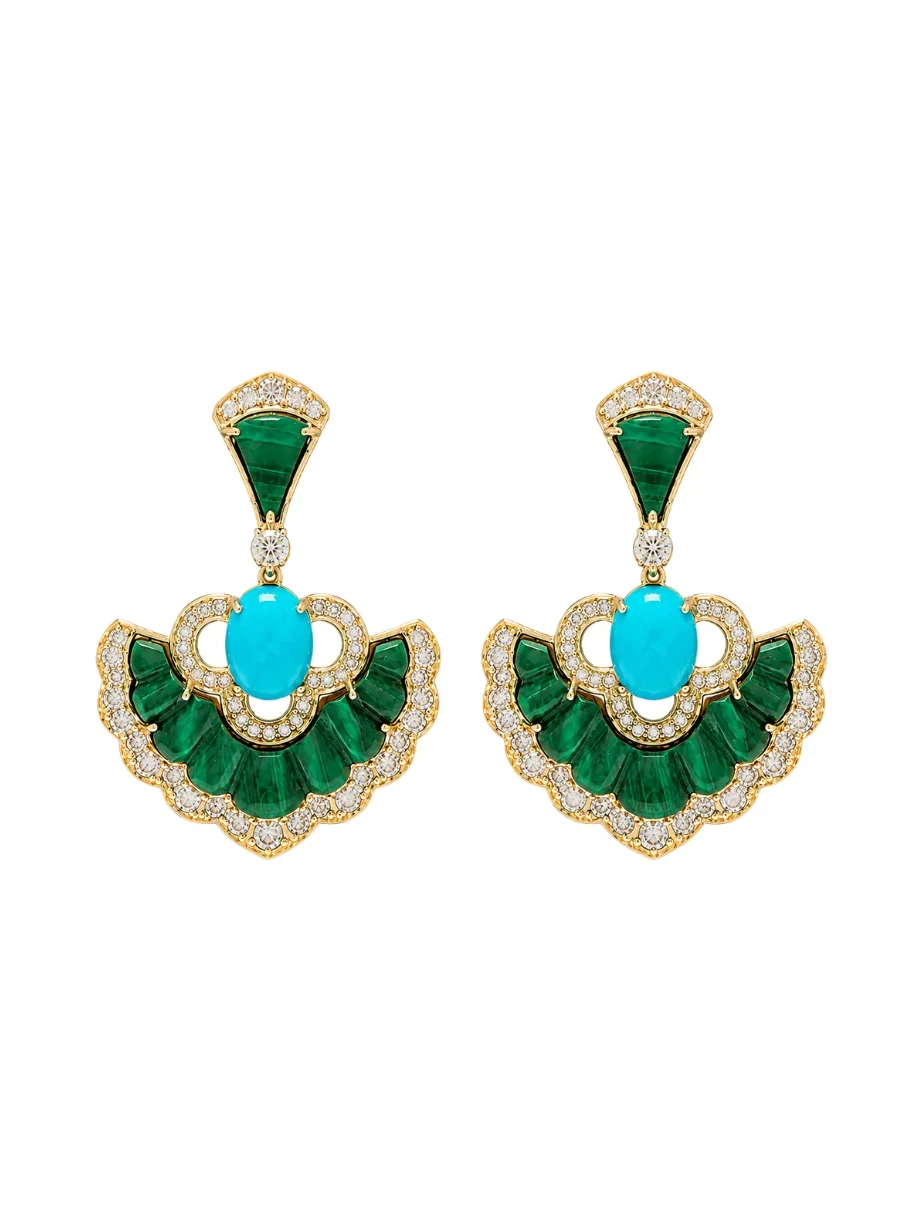 15.42ct Diamond Malachite Turquoise 18K Gold Drop Earrings
