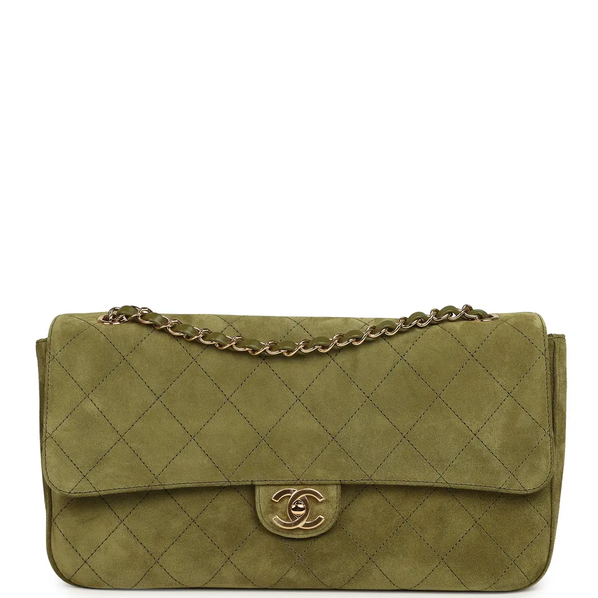Chanel Chanel Maxi "Souplissimo" Small Flap Bag Khaki Suede Gold Hardware | Image 1 Chanel Chanel Maxi "Souplissimo" Small Flap Bag Khaki Suede Gold Hardware | Image 1