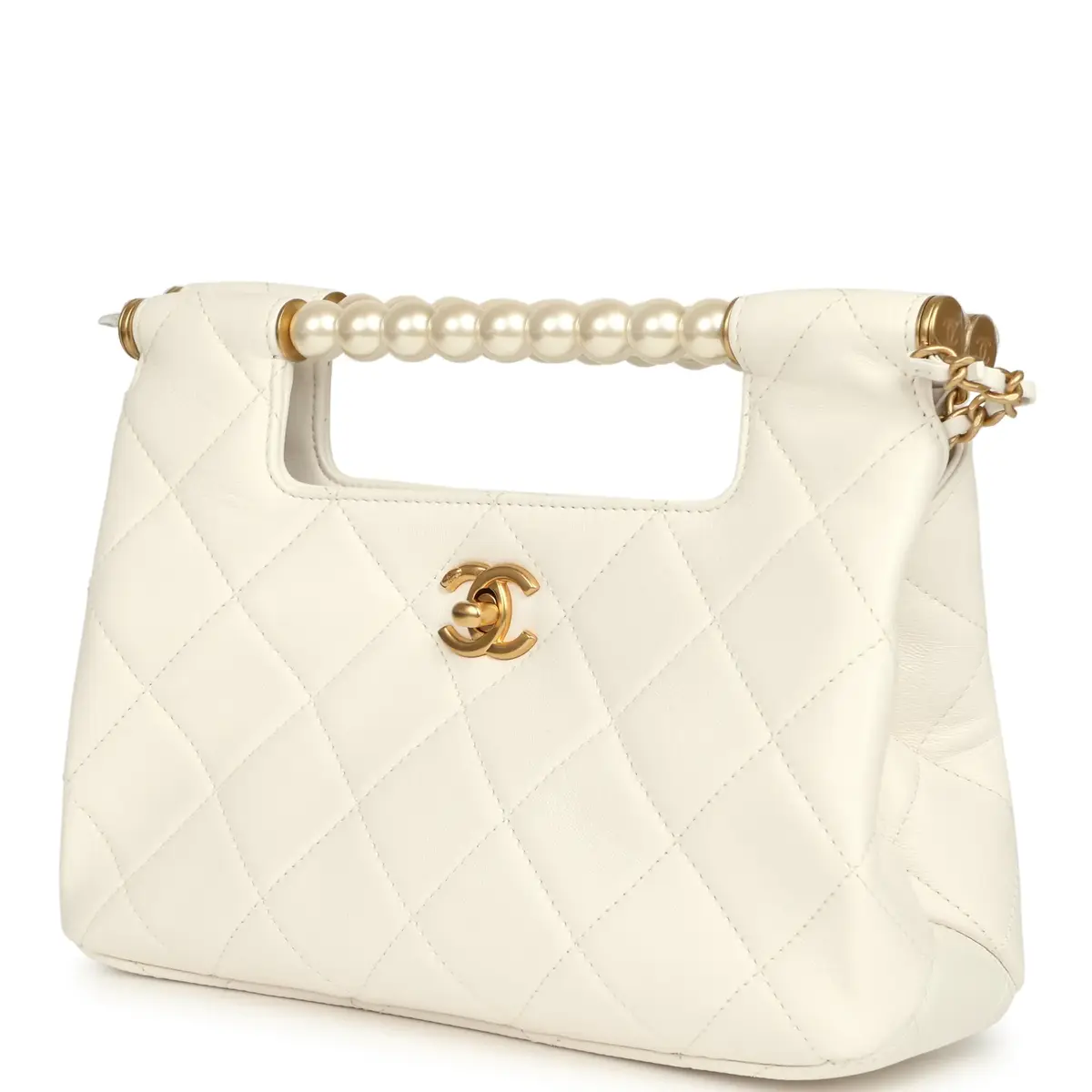 Chanel Chanel Pearl Top Handle Small Shopping Bag White Shiny Lambskin Brushed Gold Hardware | Thumbnail 5
