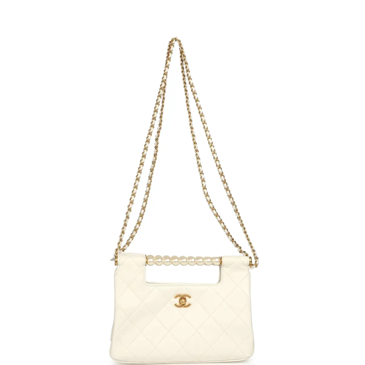 Chanel Chanel Pearl Top Handle Small Shopping Bag White Shiny Lambskin Brushed Gold Hardware | Thumbnail 8