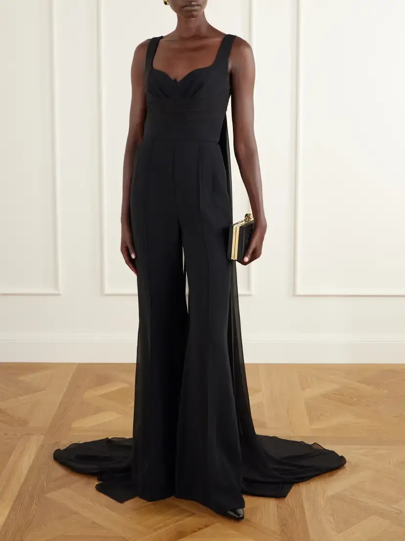 Elie Saab Ruched Chiffon-trimmed Silk-blend Cady Jumpsuit | Thumbnail 2