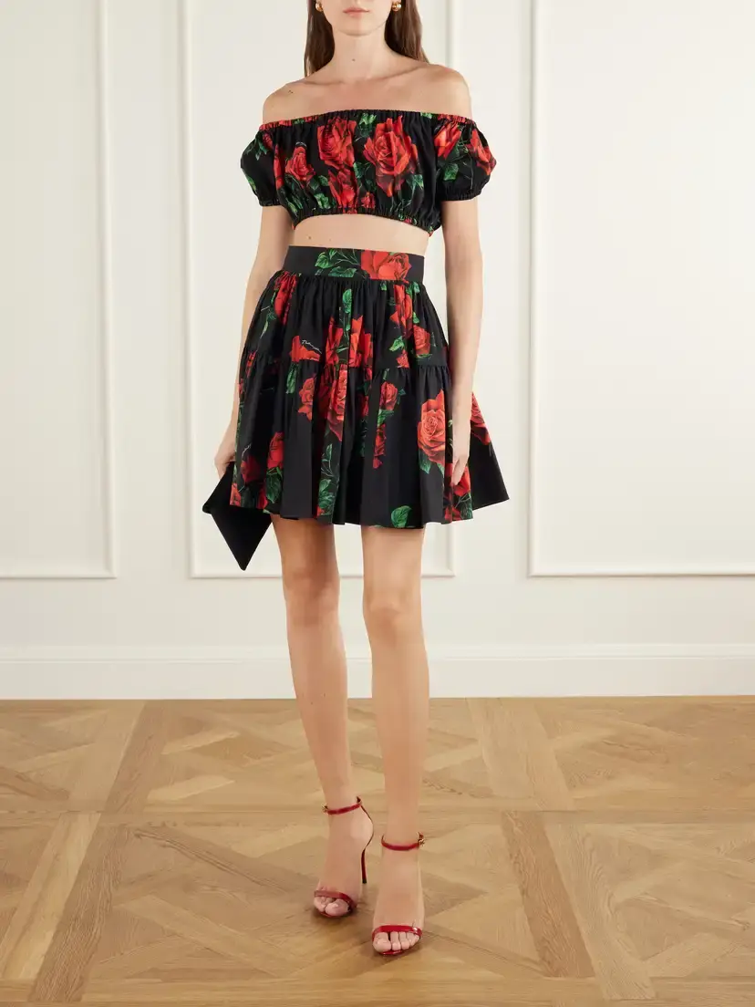 Dolce & Gabbana Off-the-shoulder Cropped Floral-print Cotton-poplin Top | Thumbnail 2
