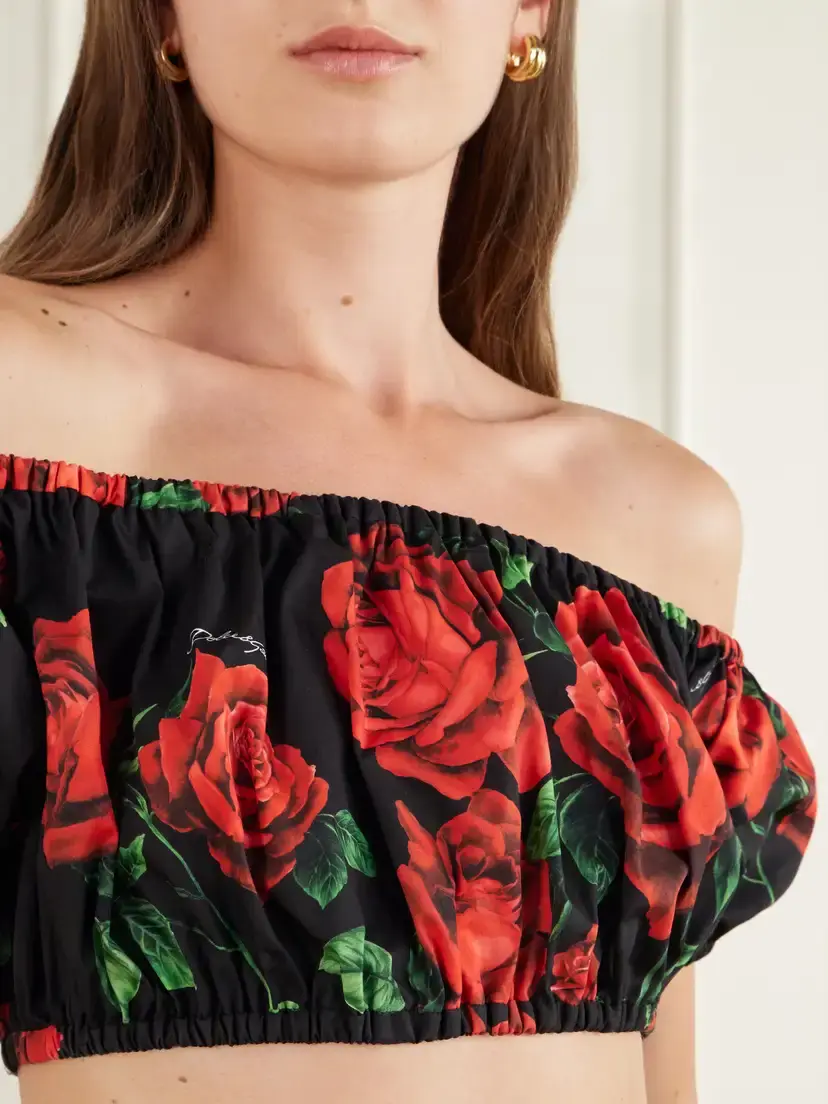 Dolce & Gabbana Off-the-shoulder Cropped Floral-print Cotton-poplin Top | Thumbnail 4