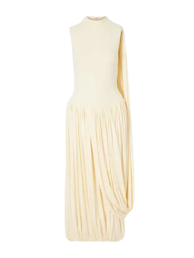 Abadia Bamboo Asymmetric Draped Midi Dress | Image 1 Abadia Bamboo Asymmetric Draped Midi Dress | Image 1