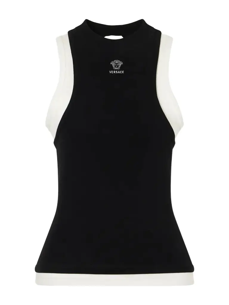 Versace Logo-embroidered Cotton-blend Jersey Tank | Image 1 Versace Logo-embroidered Cotton-blend Jersey Tank | Image 1