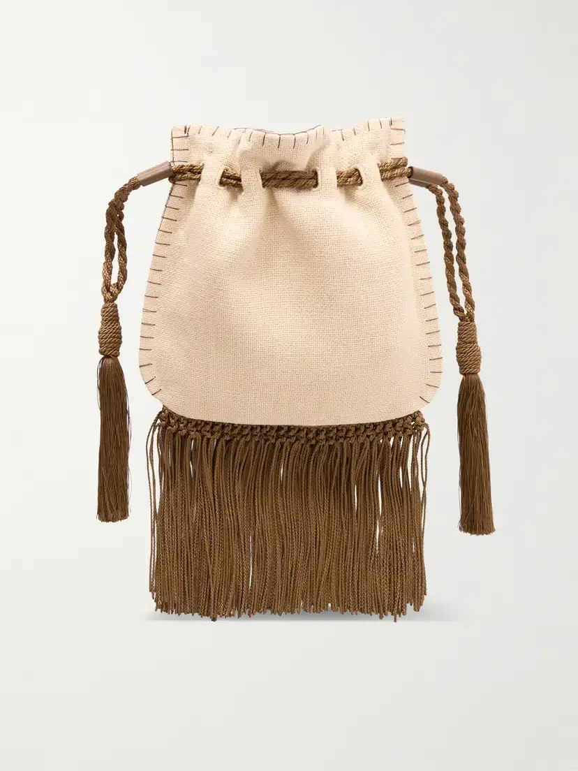 Valentino Garavani Embroidered Fringed Canvas Drawstring Shoulder Bag | Thumbnail 4
