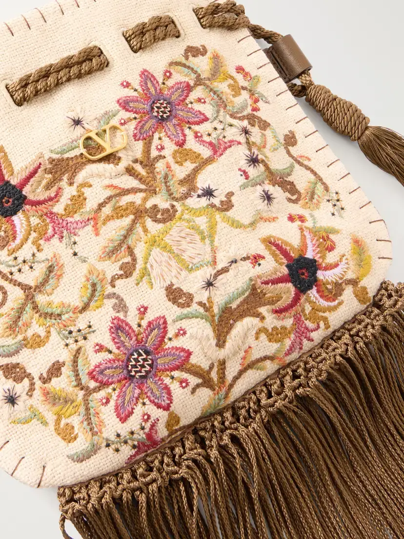 Valentino Garavani Embroidered Fringed Canvas Drawstring Shoulder Bag | Thumbnail 5