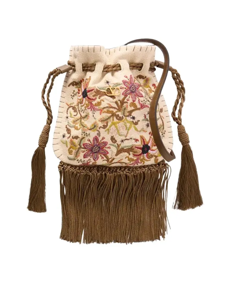 Valentino Garavani Embroidered Fringed Canvas Drawstring Shoulder Bag | Image 1 Valentino Garavani Embroidered Fringed Canvas Drawstring Shoulder Bag | Image 1