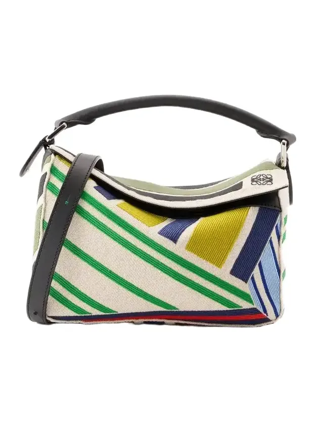 Puzzle Striped Leather-trimmed Canvas Top-handle Bag