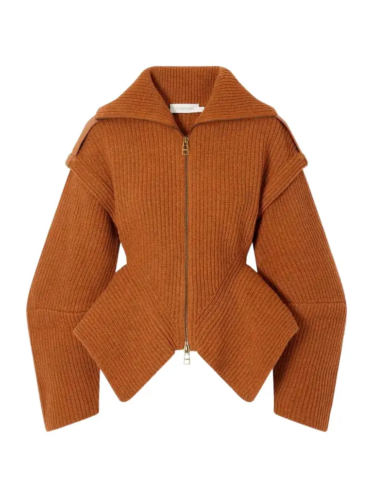 Zimmermann Valiant Leather-trimmed Ribbed-knit Wool-blend Cardigan | Image 1 Zimmermann Valiant Leather-trimmed Ribbed-knit Wool-blend Cardigan | Image 1