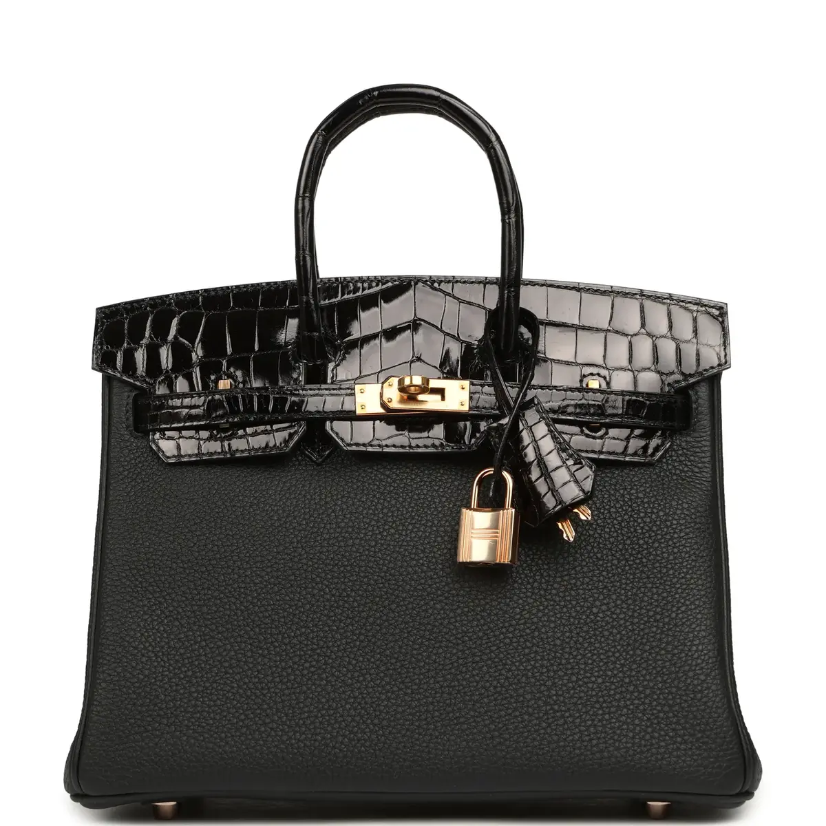 HERMÈS Hermes Birkin 25 Touch Black Togo, Shiny Niloticus Crocodile Touch Rose Gold Hardware | Image 1 HERMÈS Hermes Birkin 25 Touch Black Togo, Shiny Niloticus Crocodile Touch Rose Gold Hardware | Image 1