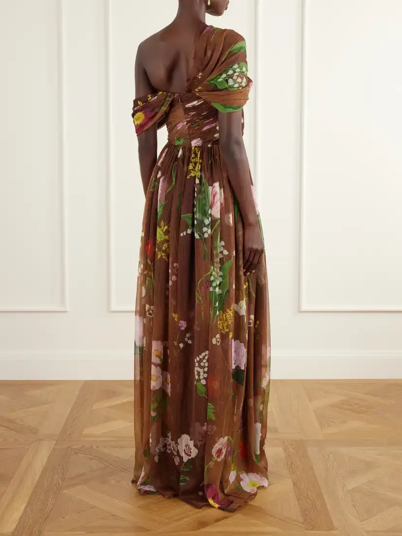 Oscar de la Renta Off-the-shoulder Pleated Floral-print Silk-chiffon Gown | Thumbnail 3 Oscar de la Renta Off-the-shoulder Pleated Floral-print Silk-chiffon Gown | Thumbnail 3