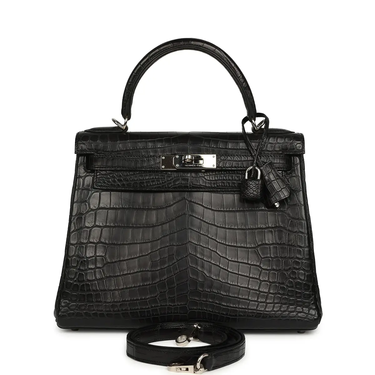 HERMÈS Pre-owned Hermes Kelly Retourne 28 Black Matte Niloticus Crocodile Palladium Hardware | Image 1 HERMÈS Pre-owned Hermes Kelly Retourne 28 Black Matte Niloticus Crocodile Palladium Hardware | Image 1