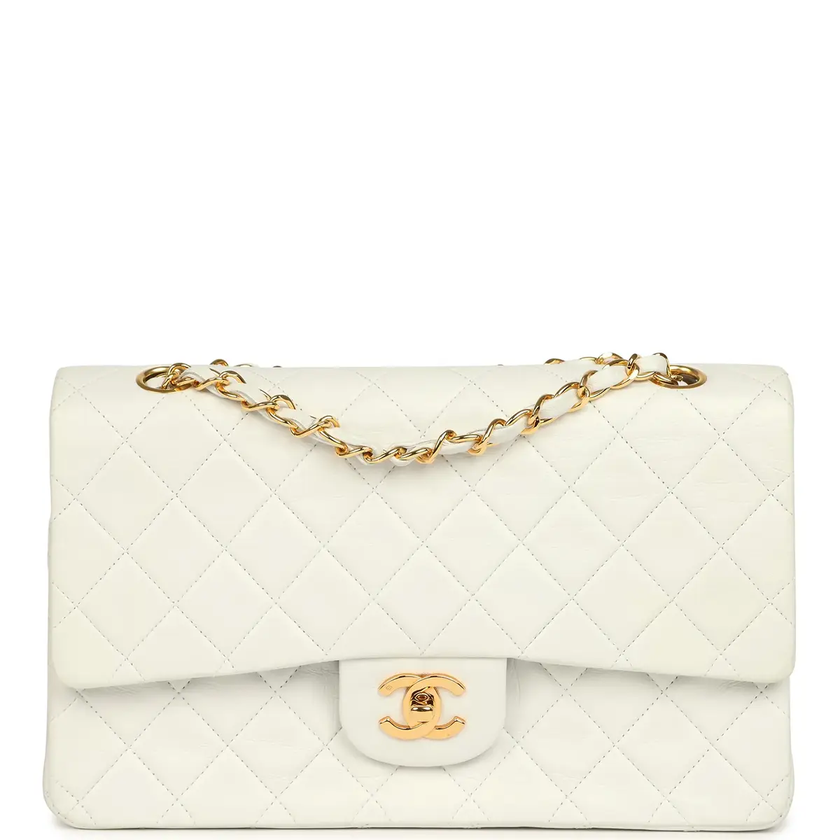 Chanel Vintage Chanel Medium Classic Double Flap Bag White Lambskin Gold Hardware | Image 1 Chanel Vintage Chanel Medium Classic Double Flap Bag White Lambskin Gold Hardware | Image 1