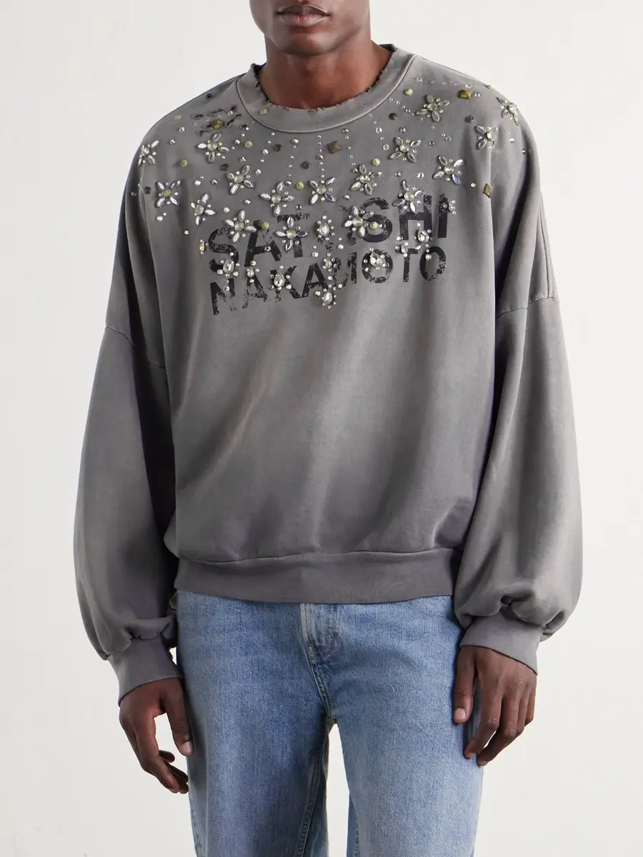 Satoshi Nakamoto Crystal Castle Logo-Printed Embellished Distressed Cotton Sweatshirt - Men | Thumbnail 3 Satoshi Nakamoto Crystal Castle Logo-Printed Embellished Distressed Cotton Sweatshirt - Men | Thumbnail 3
