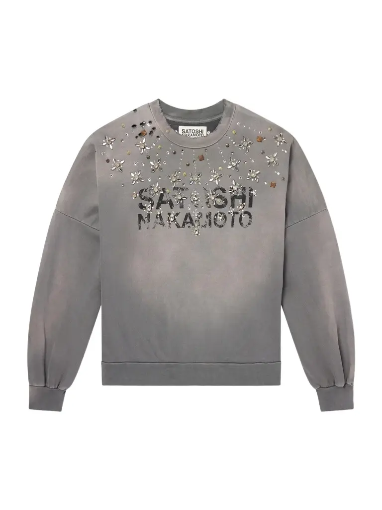 Satoshi Nakamoto Crystal Castle Logo-Printed Embellished Distressed Cotton Sweatshirt - Men | Image 1 Satoshi Nakamoto Crystal Castle Logo-Printed Embellished Distressed Cotton Sweatshirt - Men | Image 1