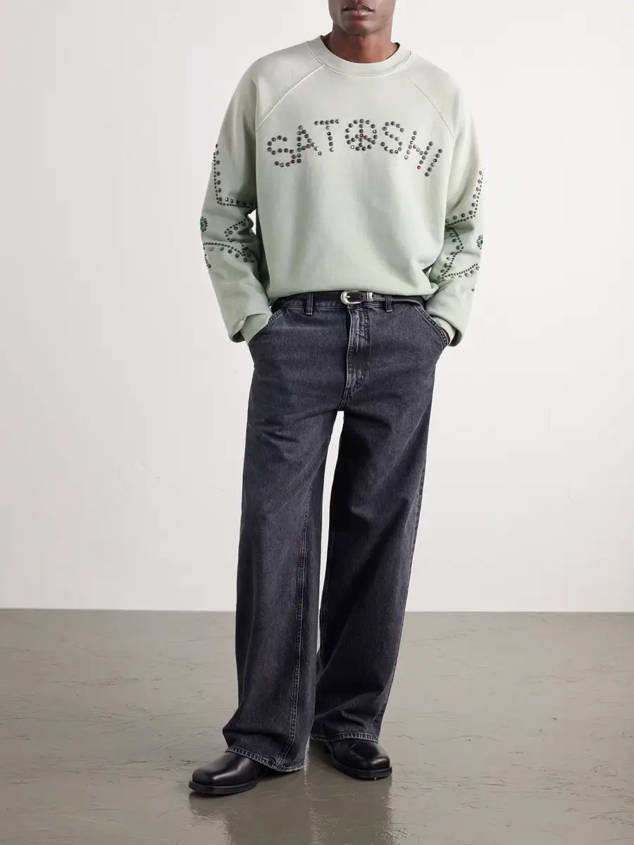 Satoshi Nakamoto Distressed Studded Cotton-Jersey Sweatshirt - Men | Thumbnail 2 Satoshi Nakamoto Distressed Studded Cotton-Jersey Sweatshirt - Men | Thumbnail 2