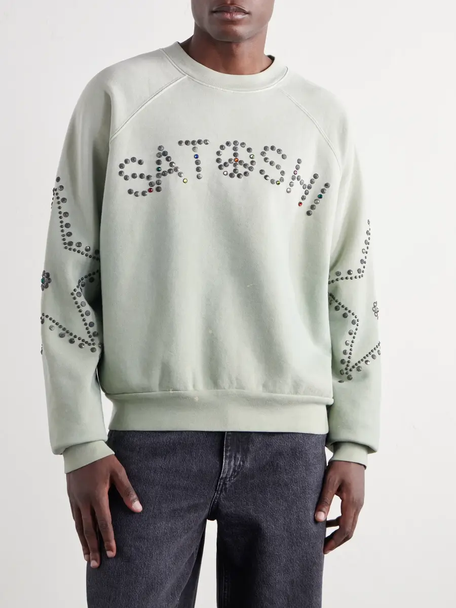 Satoshi Nakamoto Distressed Studded Cotton-Jersey Sweatshirt - Men | Thumbnail 3 Satoshi Nakamoto Distressed Studded Cotton-Jersey Sweatshirt - Men | Thumbnail 3