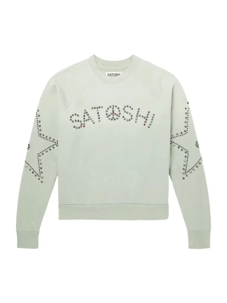 Satoshi Nakamoto Distressed Studded Cotton-Jersey Sweatshirt - Men | Image 1 Satoshi Nakamoto Distressed Studded Cotton-Jersey Sweatshirt - Men | Image 1